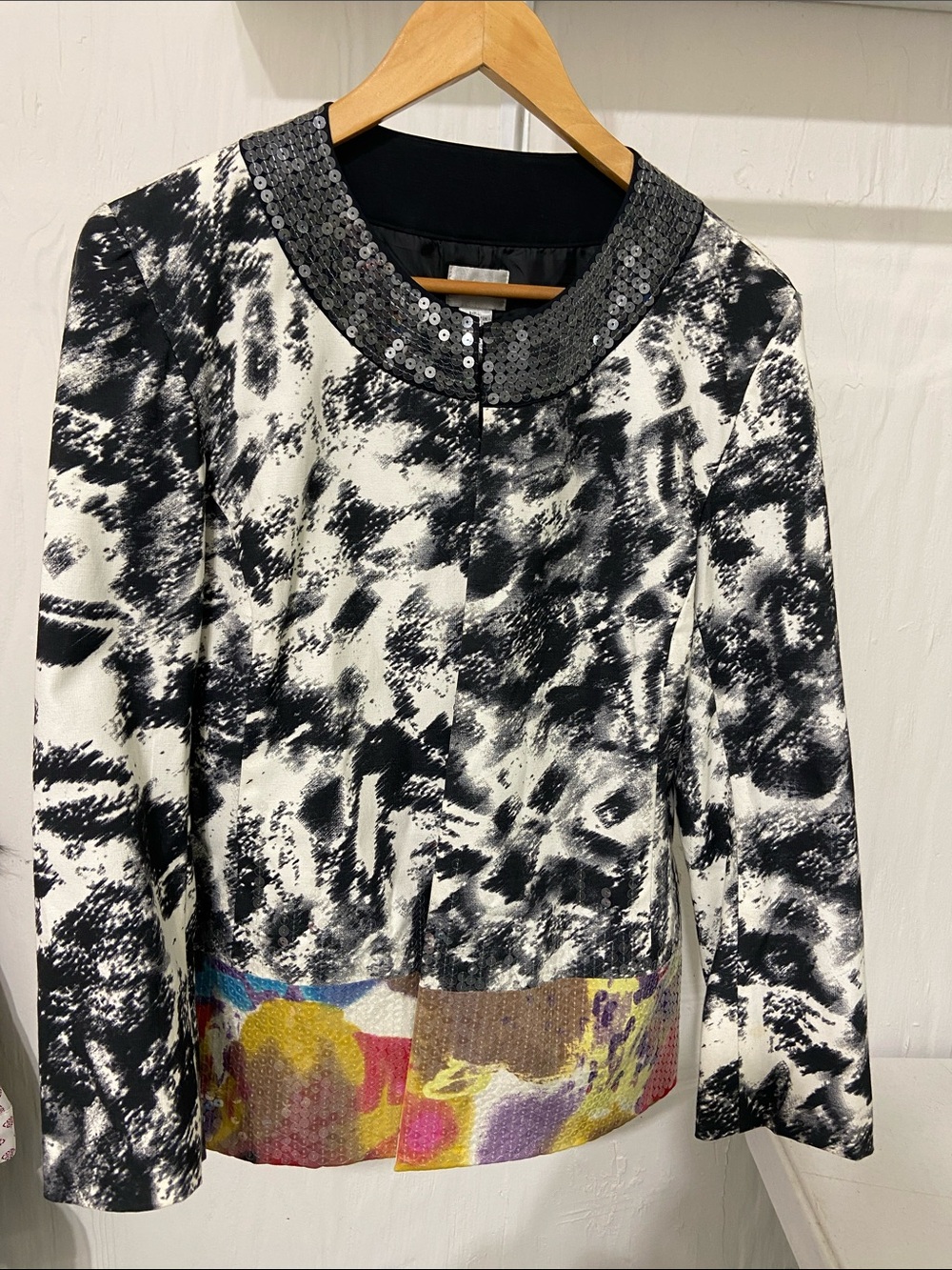 Chico's Black & White Sequin-Collar Jacket with Multicolor Hem